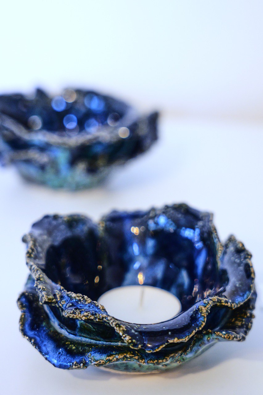 Two candleholders "Blue Roses of Hope"